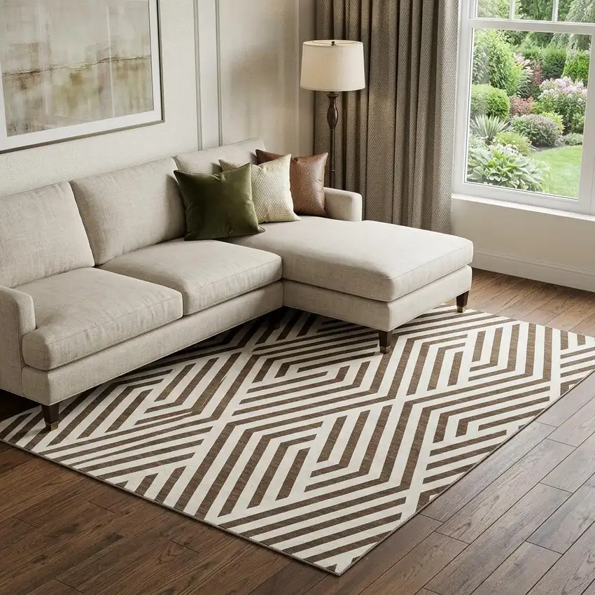Brown And Ivory Geometric Washable Area Rug With UV Protection Photo 1