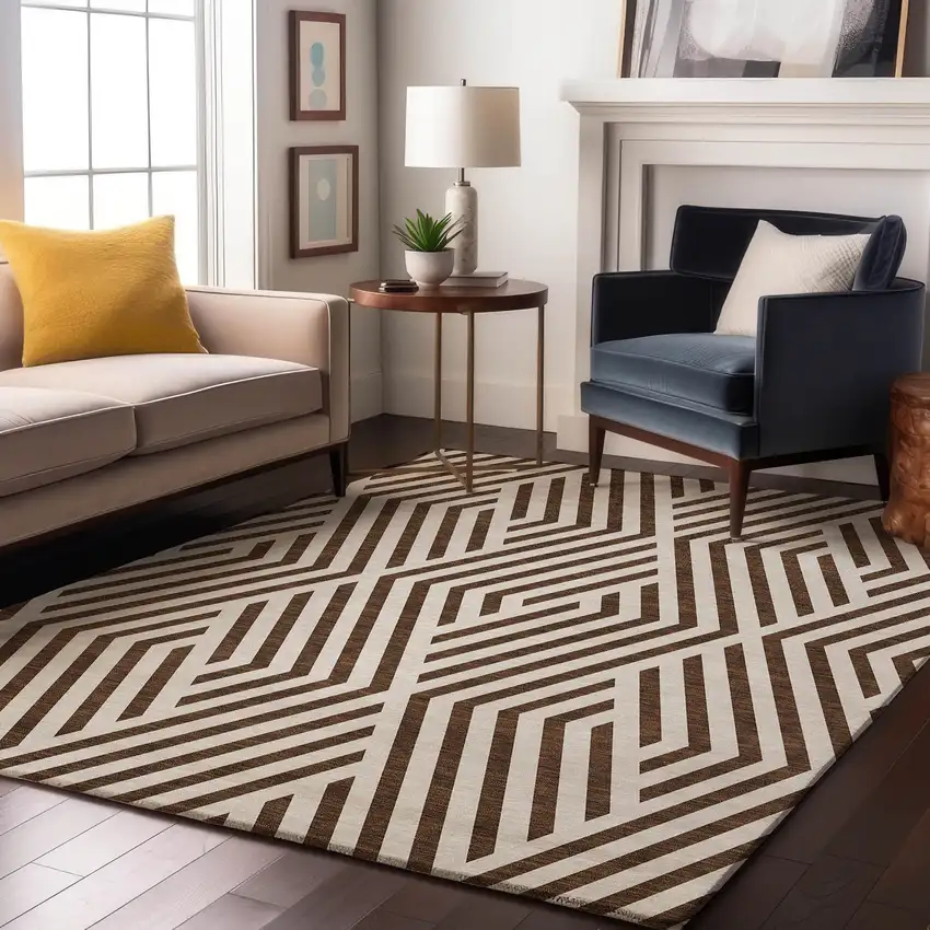 Brown And Ivory Geometric Washable Area Rug With UV Protection Photo 4