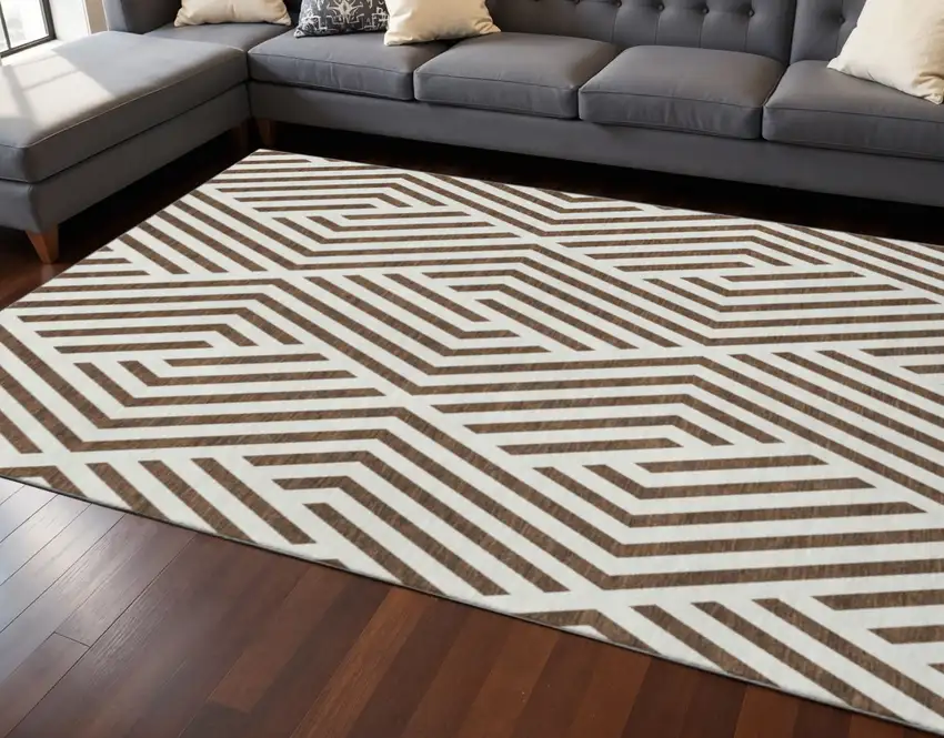Brown And Ivory Geometric Washable Area Rug With UV Protection Photo 2