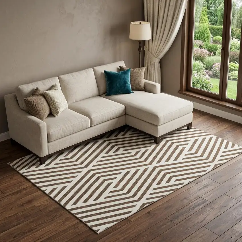 Brown And Ivory Geometric Washable Area Rug With UV Protection Photo 1