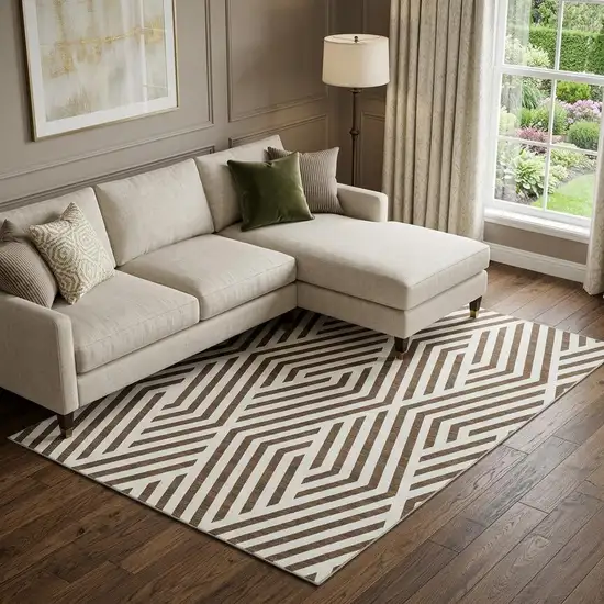 Brown And Ivory Geometric Washable Area Rug With UV Protection Photo 1