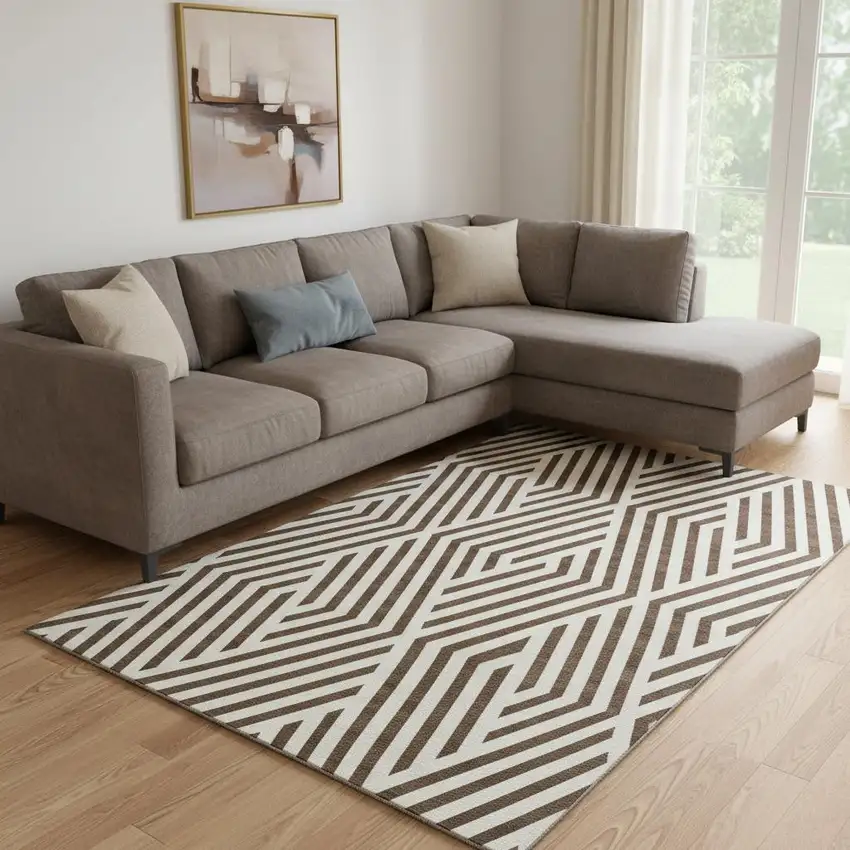 Brown And Ivory Geometric Washable Area Rug With UV Protection Photo 1