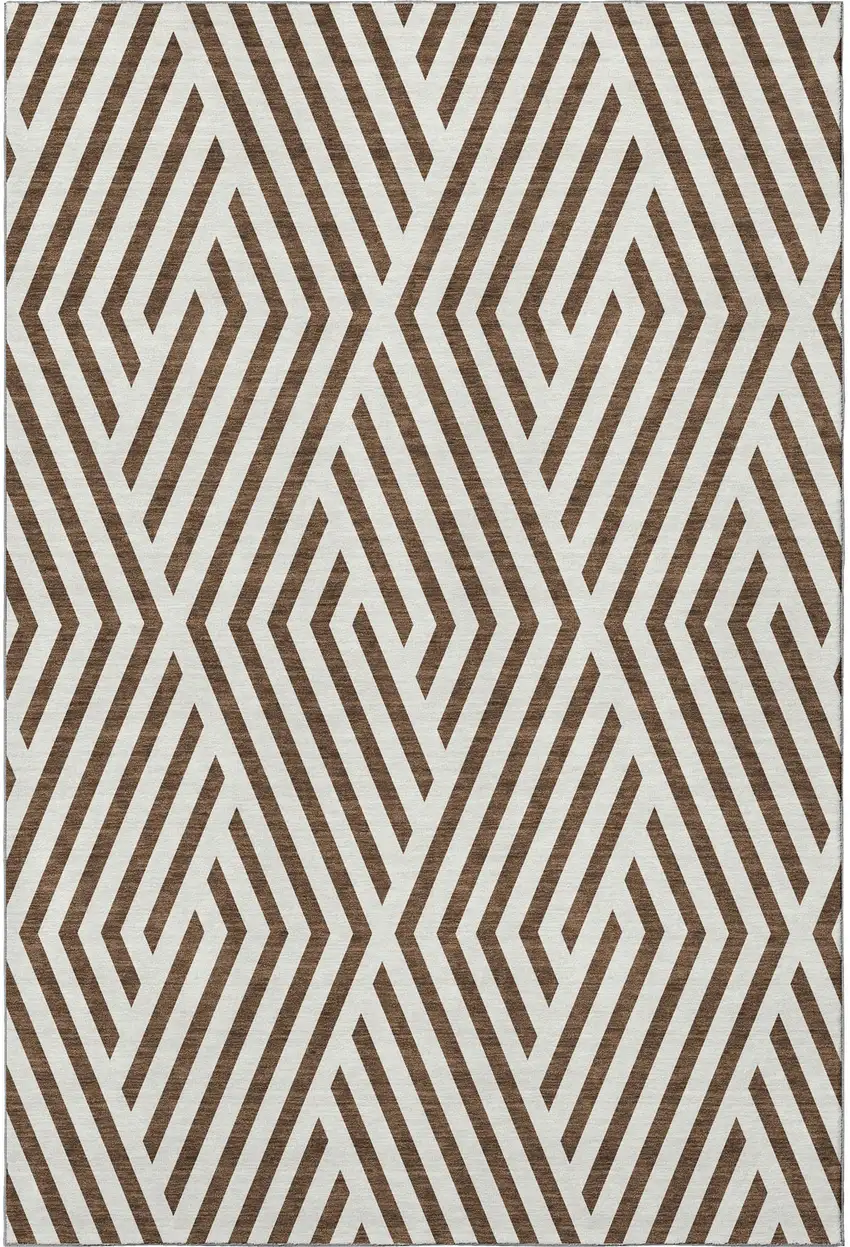 Brown And Ivory Geometric Washable Area Rug With UV Protection Photo 4