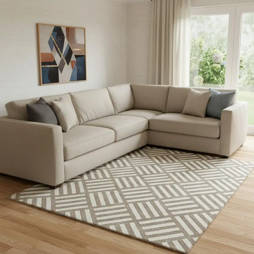 Brown And Ivory Geometric Washable Area Rug With UV Protection Photo 1