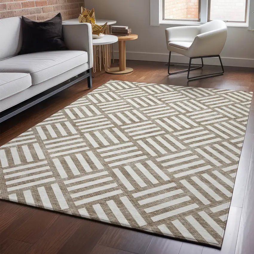 Brown And Ivory Geometric Washable Area Rug With UV Protection Photo 2
