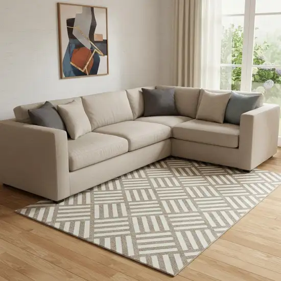 Brown And Ivory Geometric Washable Area Rug With UV Protection Photo 1