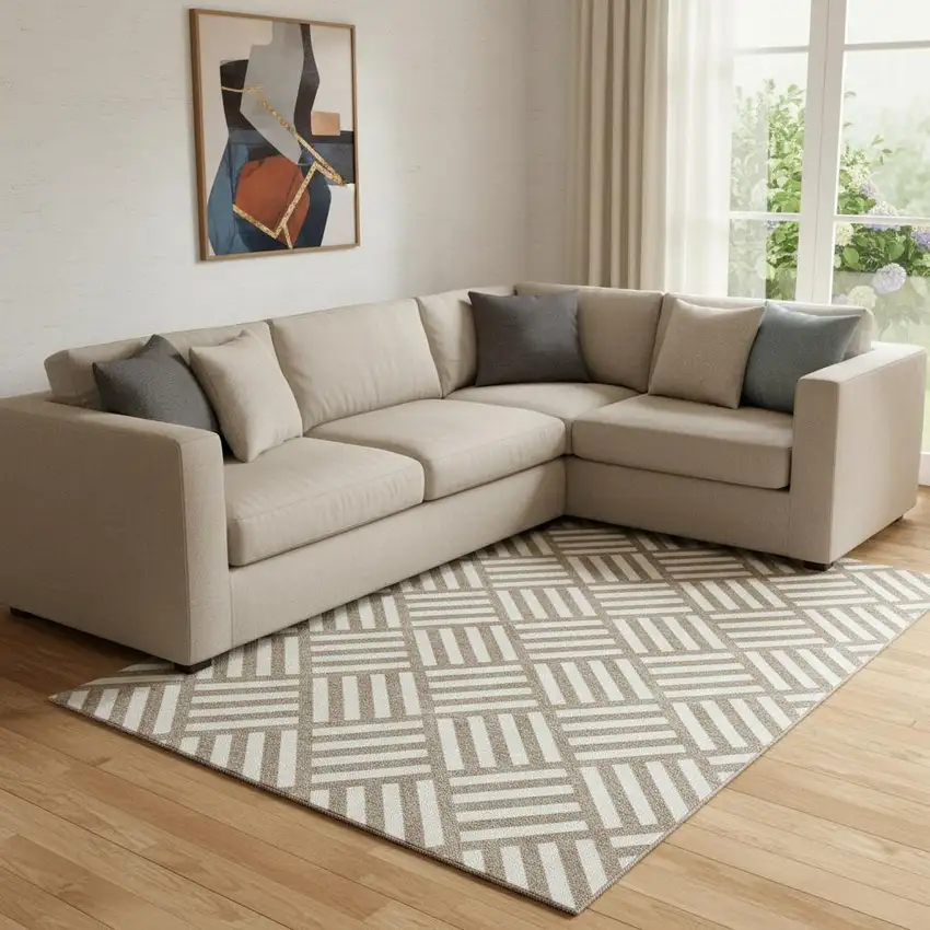 Brown And Ivory Geometric Washable Area Rug With UV Protection Photo 1