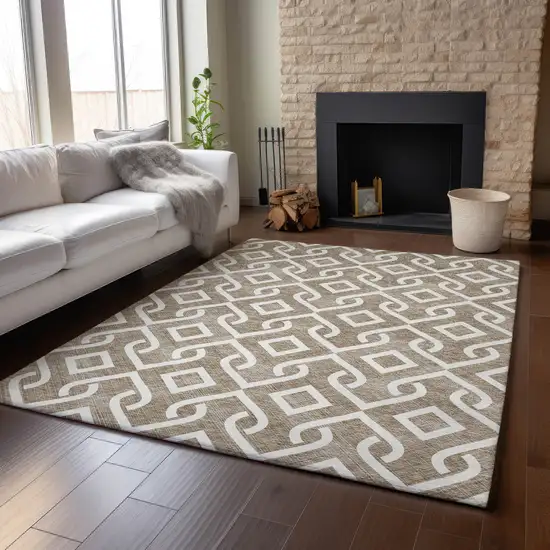 Brown And Ivory Geometric Washable Area Rug With UV Protection Photo 4