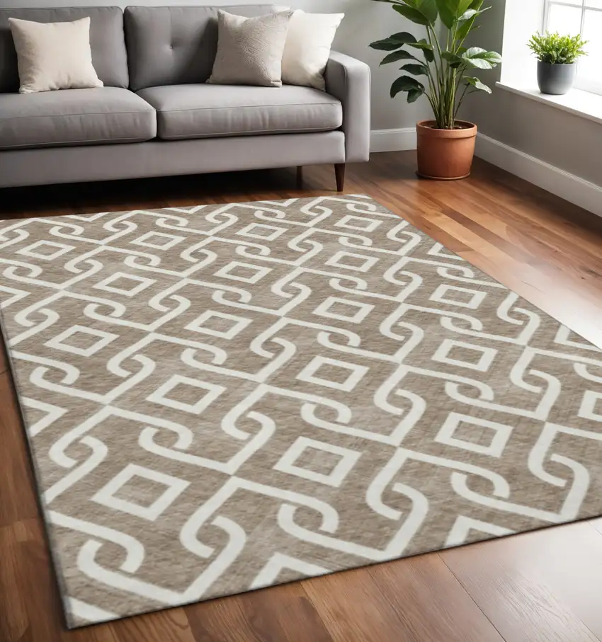Brown And Ivory Geometric Washable Area Rug With UV Protection Photo 2