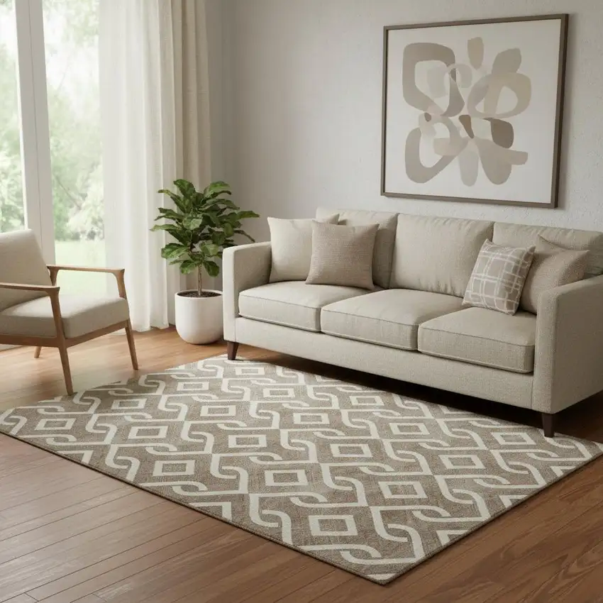 Brown And Ivory Geometric Washable Area Rug With UV Protection Photo 1