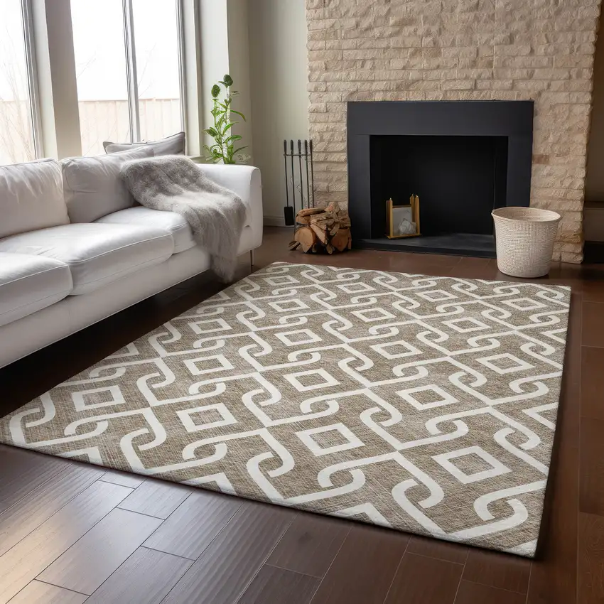 Brown And Ivory Geometric Washable Area Rug With UV Protection Photo 5