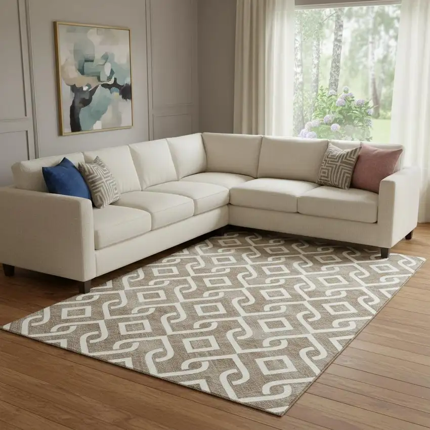 Brown And Ivory Geometric Washable Area Rug With UV Protection Photo 1