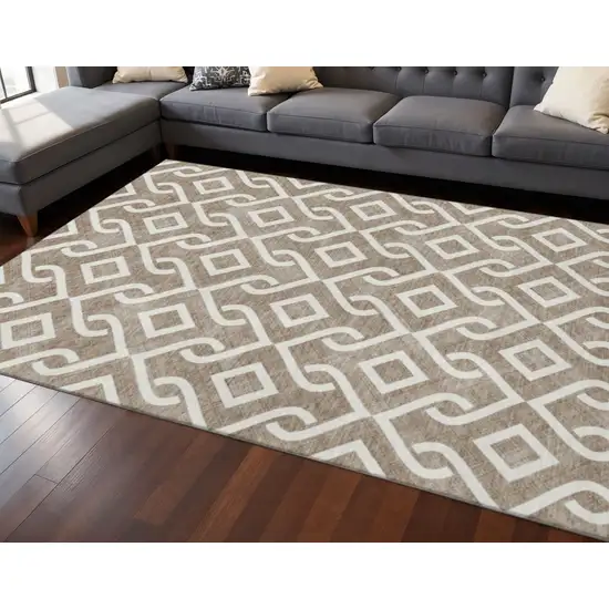 Brown And Ivory Geometric Washable Area Rug With UV Protection Photo 2