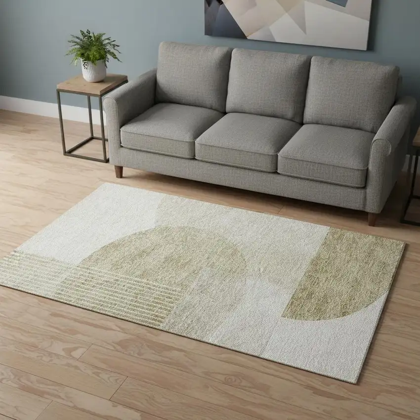 Brown And Ivory Geometric Washable Area Rug With UV Protection Photo 1