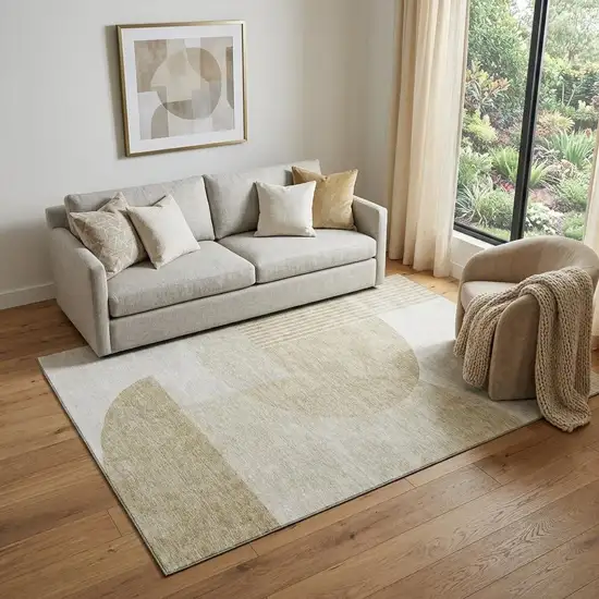 Brown And Ivory Geometric Washable Area Rug With UV Protection Photo 1