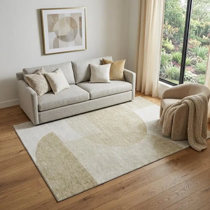 Brown And Ivory Geometric Washable Area Rug With UV Protection Photo 1