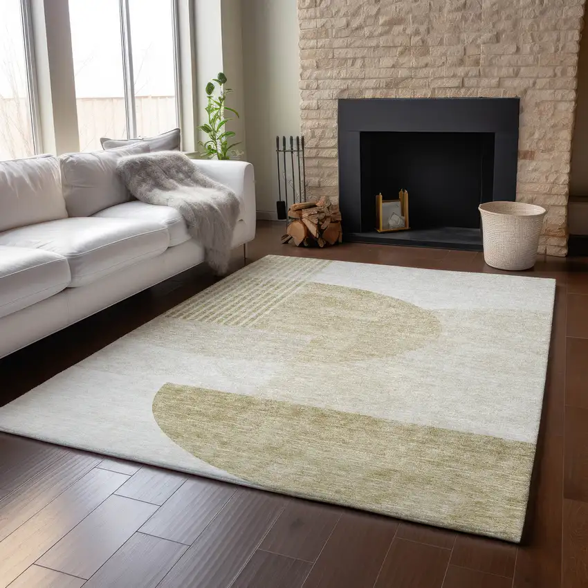 Brown And Ivory Geometric Washable Area Rug With UV Protection Photo 6
