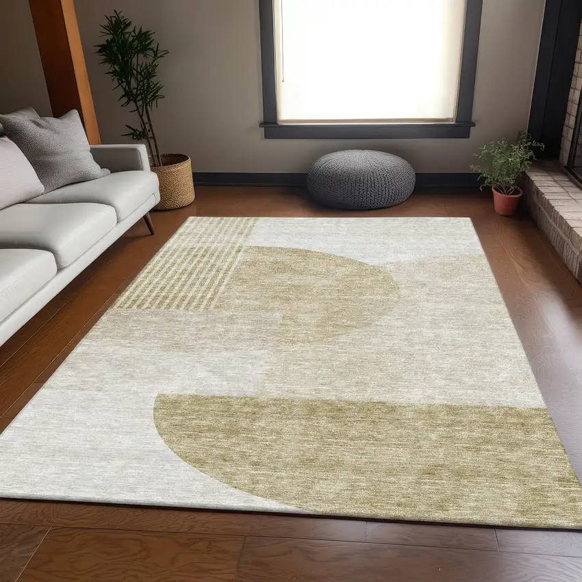Brown And Ivory Geometric Washable Area Rug With UV Protection Photo 5