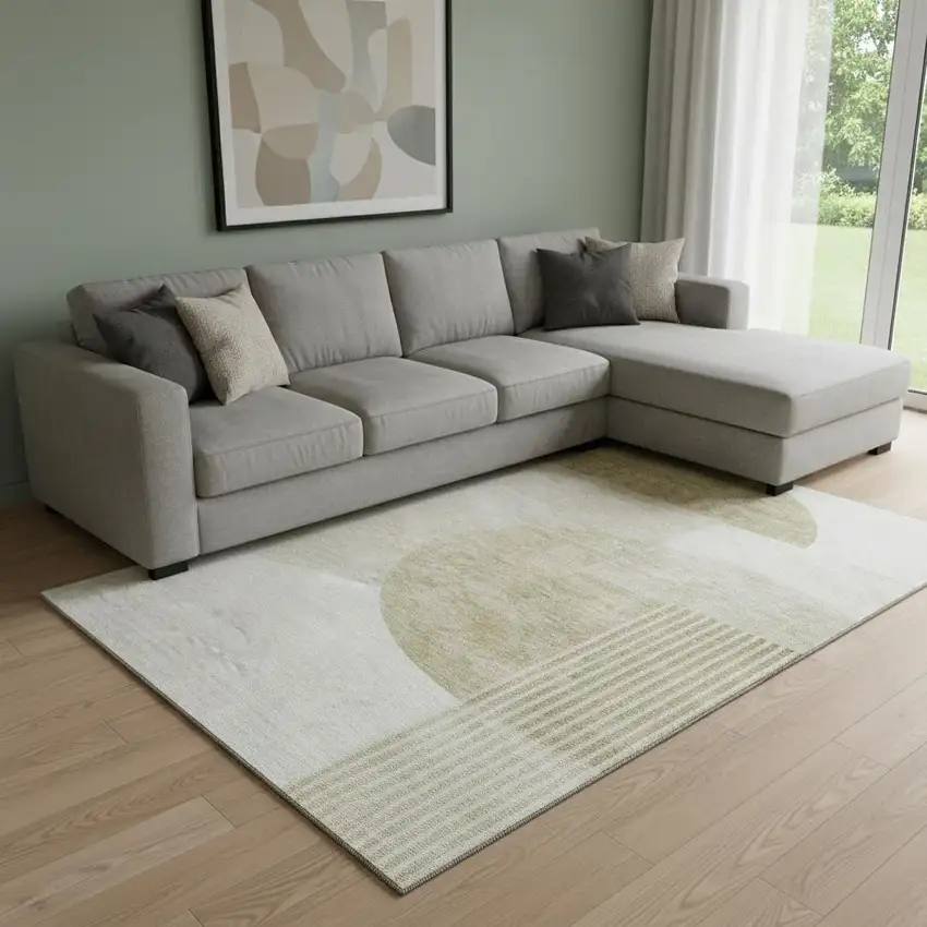 Brown And Ivory Geometric Washable Area Rug With UV Protection Photo 1