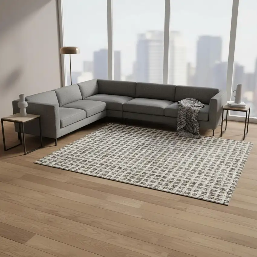 Brown And Ivory Geometric Washable Area Rug With UV Protection Photo 2