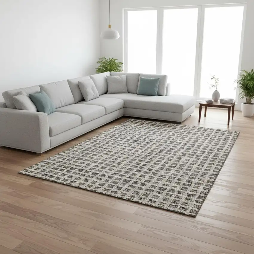 Brown And Ivory Geometric Washable Area Rug With UV Protection Photo 2