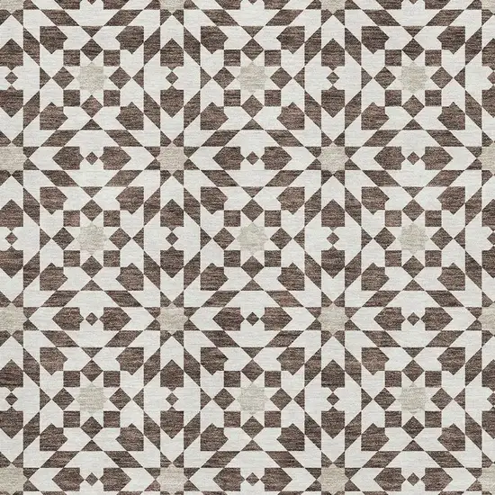 Brown And Ivory Geometric Washable Area Rug With UV Protection Photo 3
