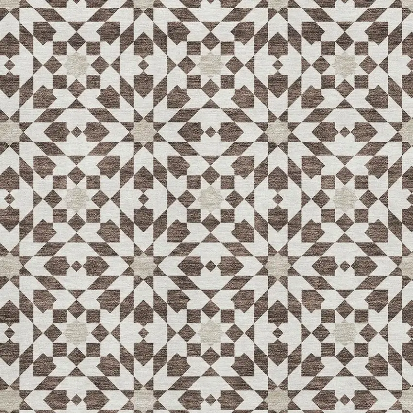 Brown And Ivory Geometric Washable Area Rug With UV Protection Photo 3