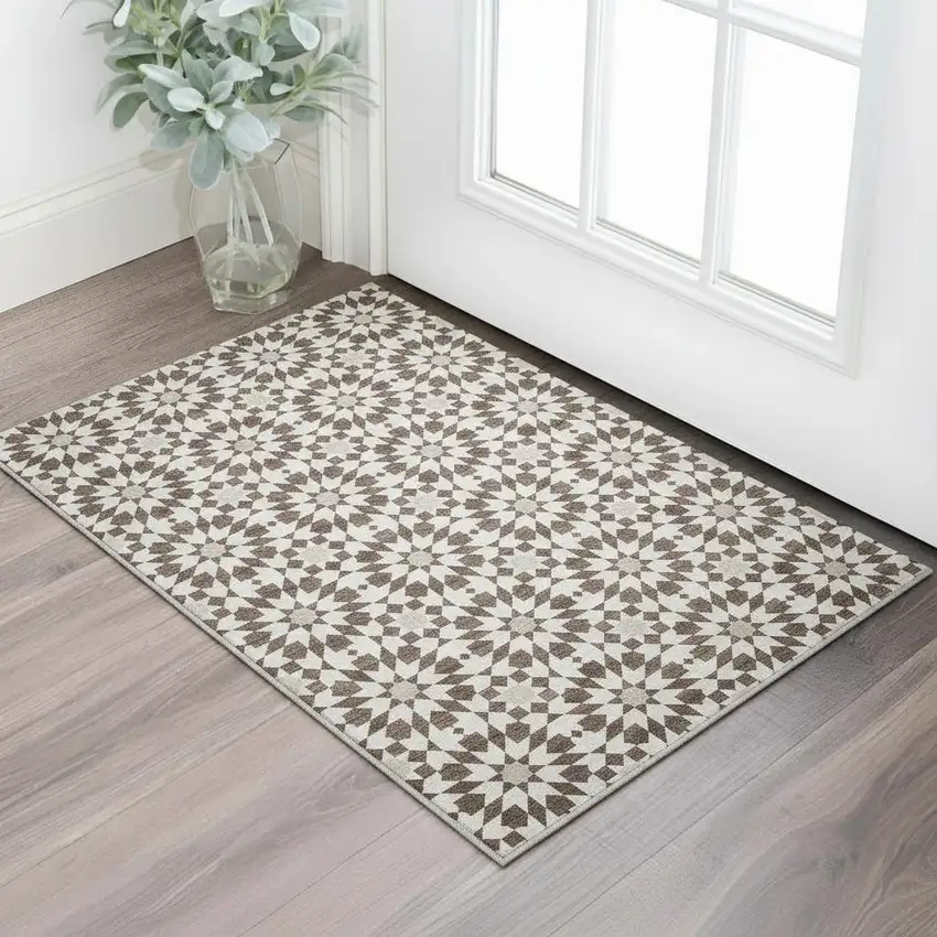 Brown And Ivory Geometric Washable Area Rug With UV Protection Photo 2