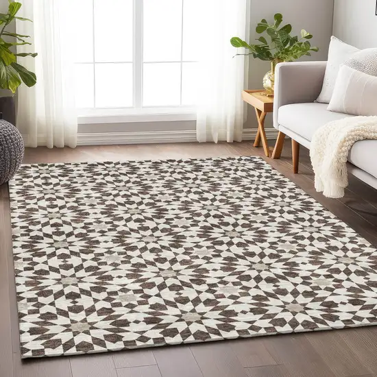 Brown And Ivory Geometric Washable Area Rug With UV Protection Photo 5