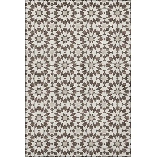 Brown And Ivory Geometric Washable Area Rug With UV Protection Photo 4