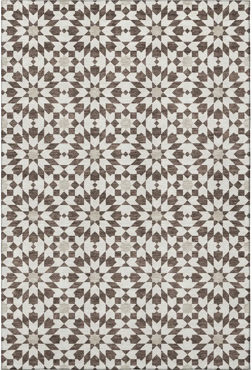 Brown And Ivory Geometric Washable Area Rug With UV Protection Photo 4