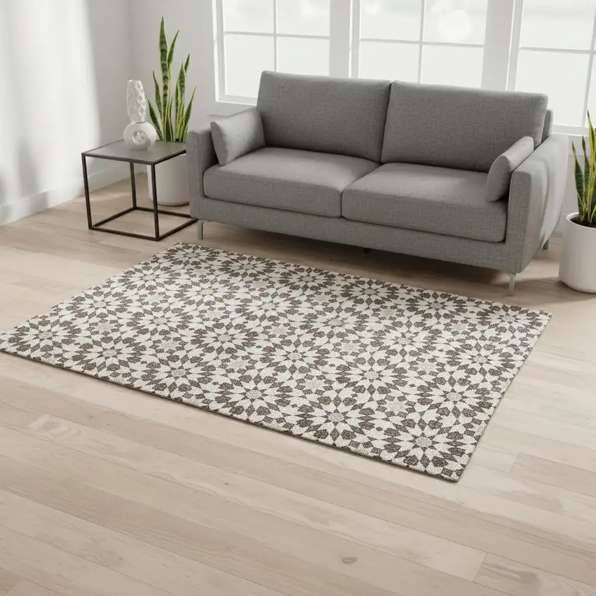 Brown And Ivory Geometric Washable Area Rug With UV Protection Photo 2