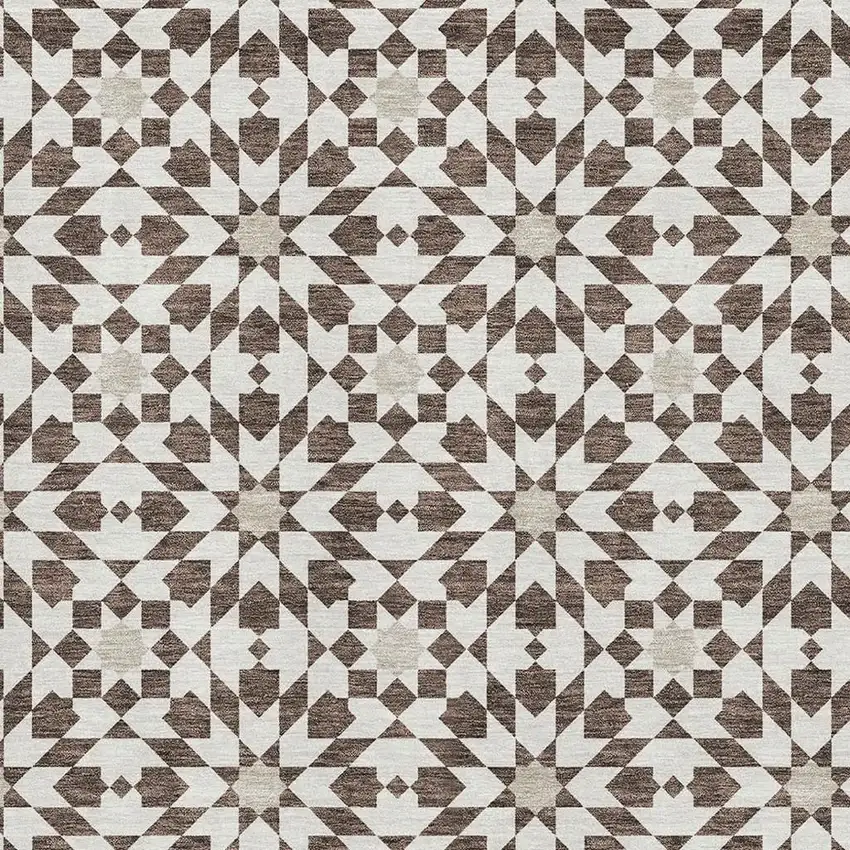 Brown And Ivory Geometric Washable Area Rug With UV Protection Photo 3