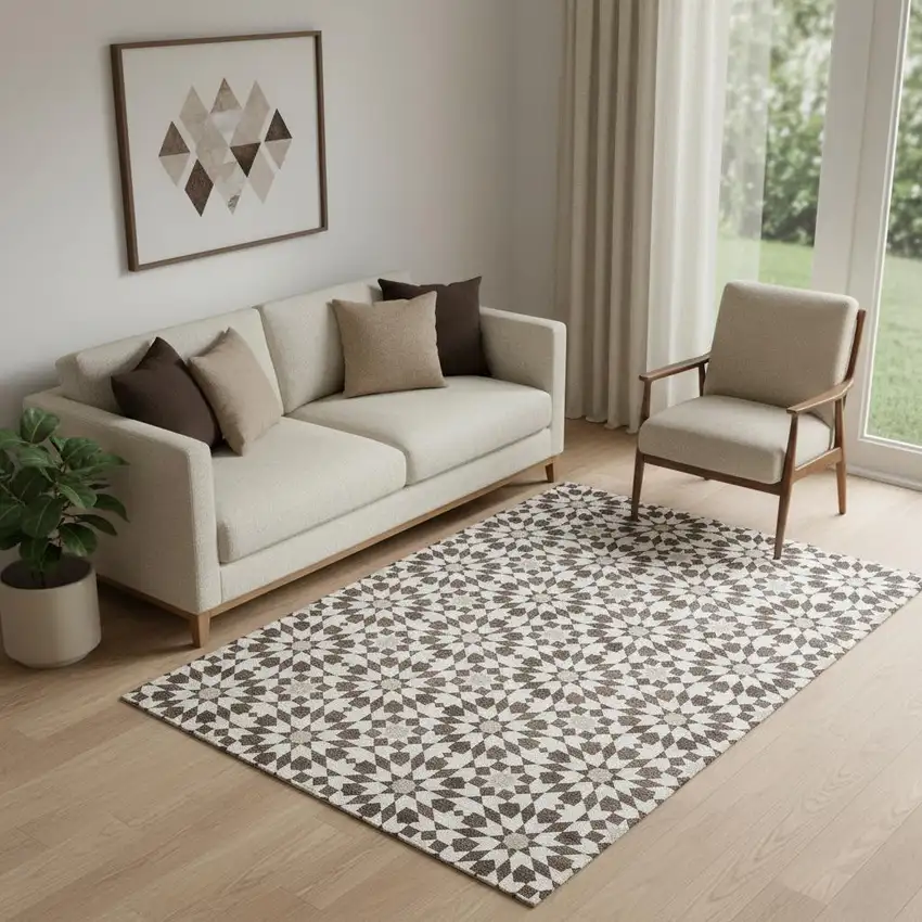 Brown And Ivory Geometric Washable Area Rug With UV Protection Photo 1