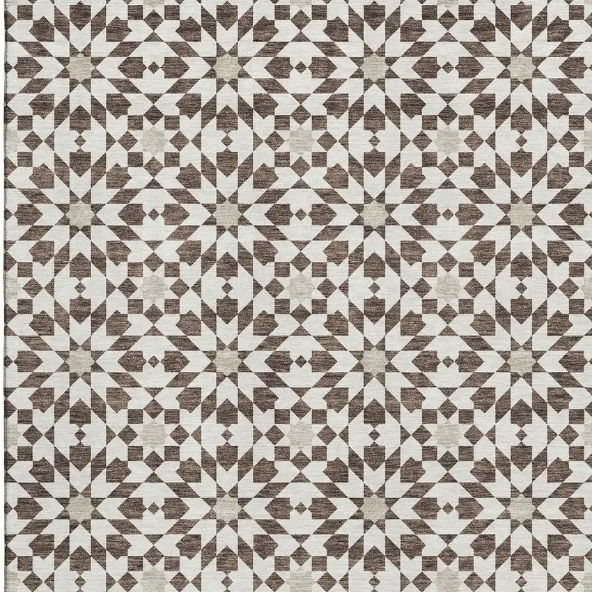 Brown And Ivory Geometric Washable Area Rug With UV Protection Photo 4