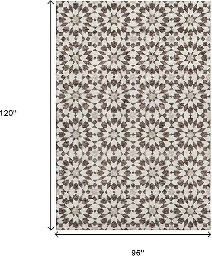 Brown And Ivory Geometric Washable Area Rug With UV Protection Photo 3