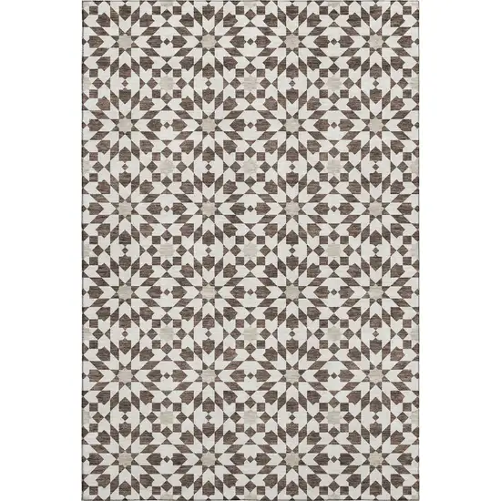 Brown And Ivory Geometric Washable Area Rug With UV Protection Photo 1