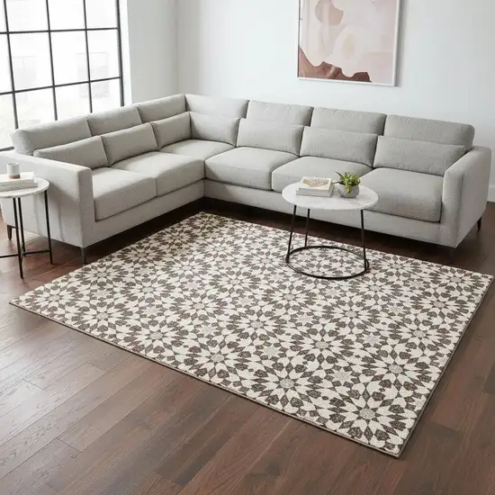 Brown And Ivory Geometric Washable Area Rug With UV Protection Photo 2