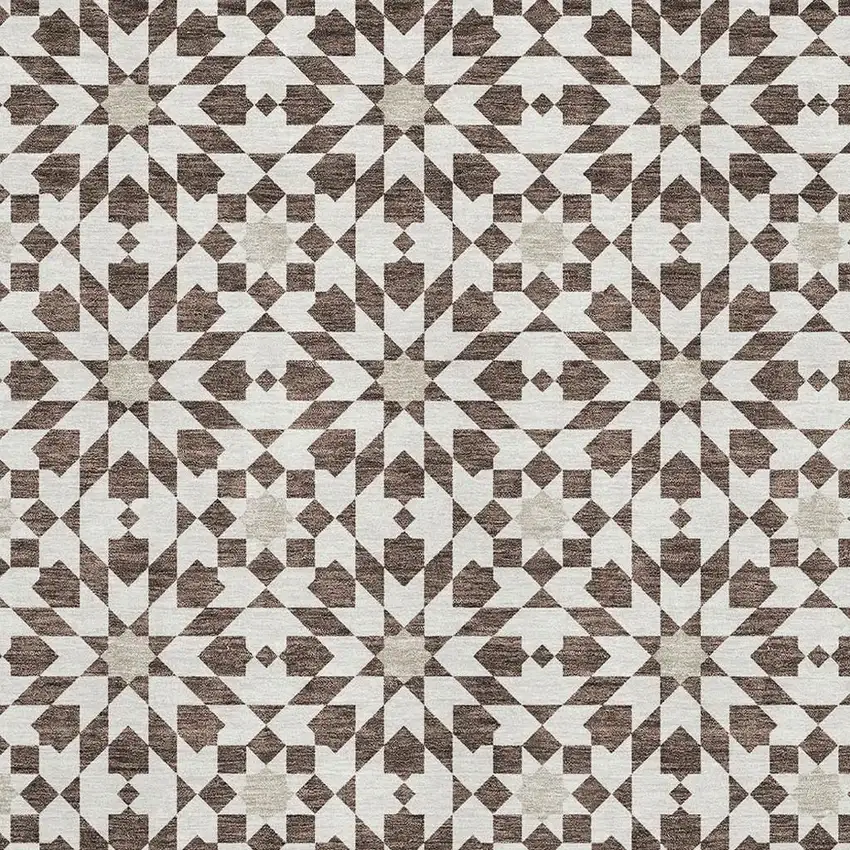 Brown And Ivory Geometric Washable Area Rug With UV Protection Photo 3