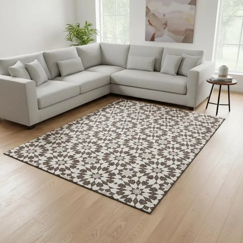 Brown And Ivory Geometric Washable Area Rug With UV Protection Photo 2