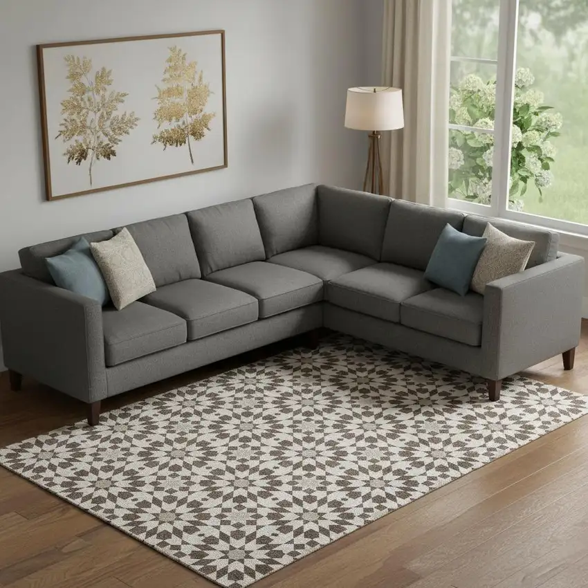 Brown And Ivory Geometric Washable Area Rug With UV Protection Photo 1