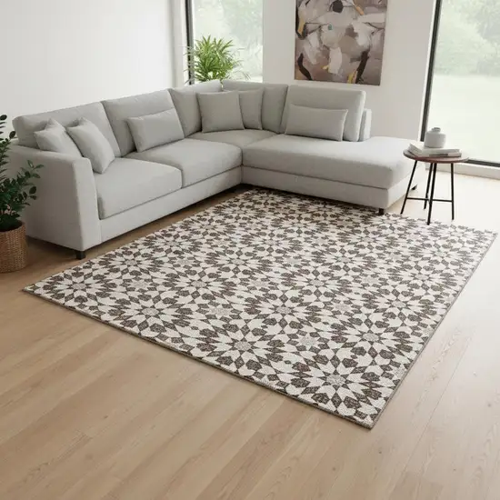 Brown And Ivory Geometric Washable Area Rug With UV Protection Photo 2