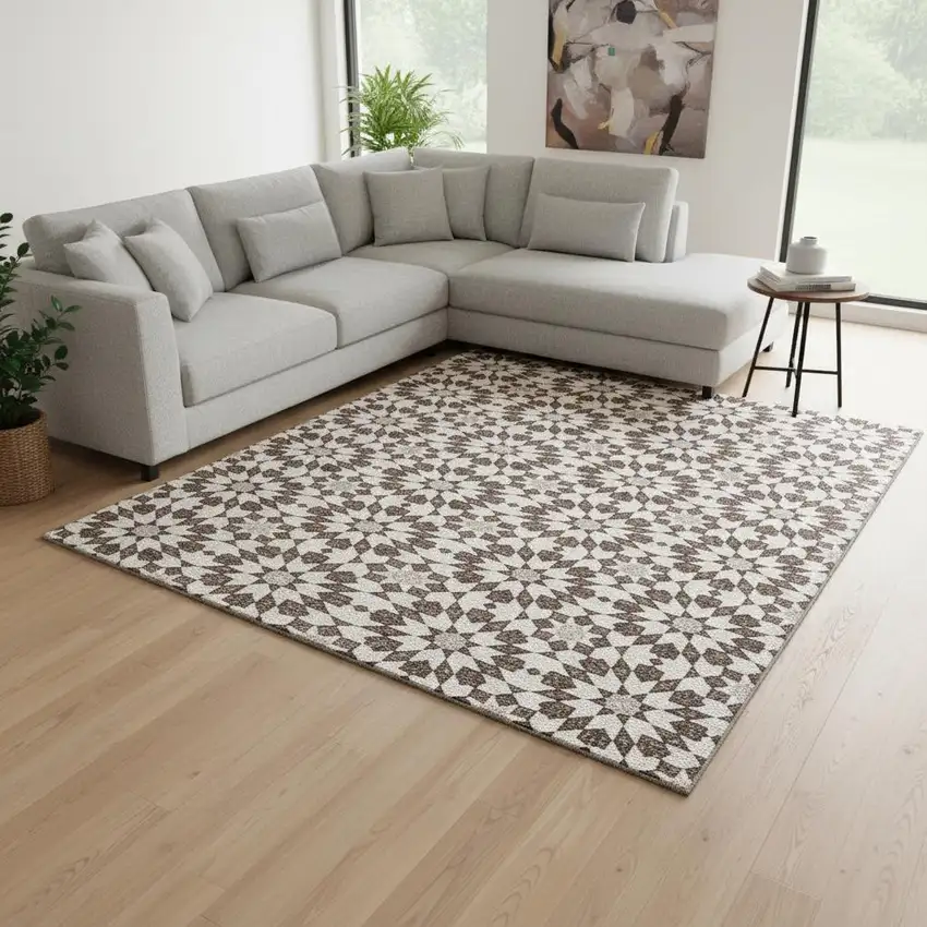 Brown And Ivory Geometric Washable Area Rug With UV Protection Photo 2