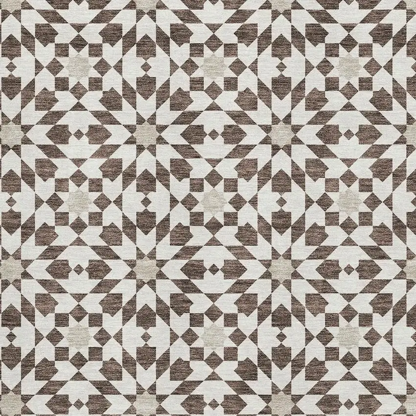 Brown And Ivory Geometric Washable Area Rug With UV Protection Photo 3