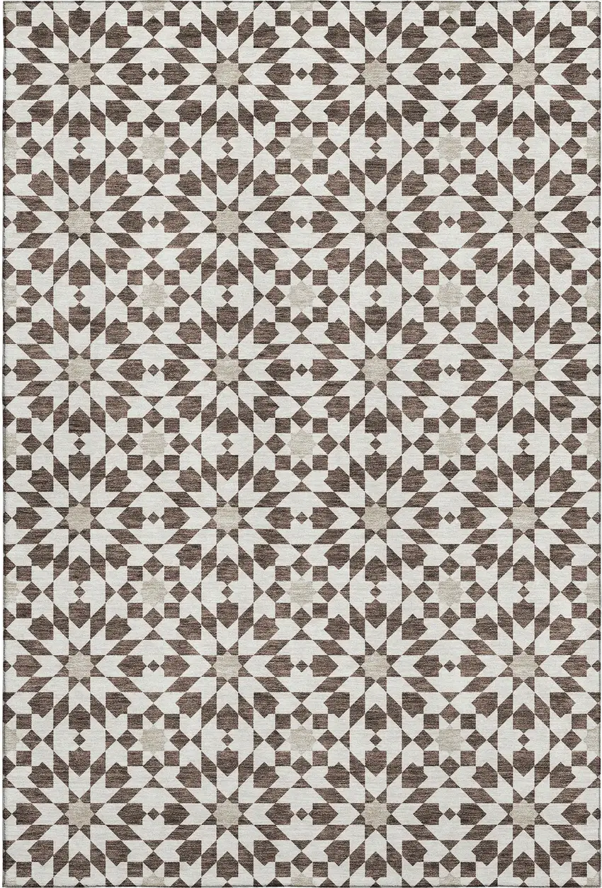 Brown And Ivory Geometric Washable Area Rug With UV Protection Photo 1