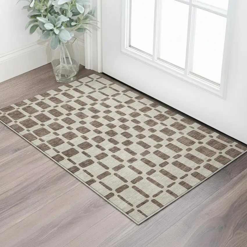 Brown And Ivory Geometric Washable Area Rug With UV Protection Photo 2