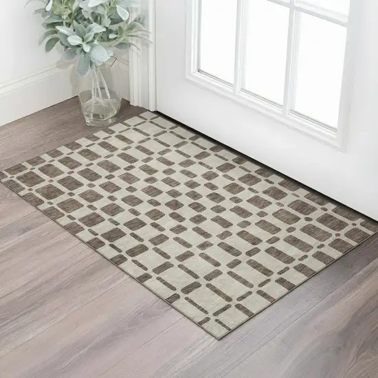 Brown And Ivory Geometric Washable Area Rug With UV Protection Photo 1