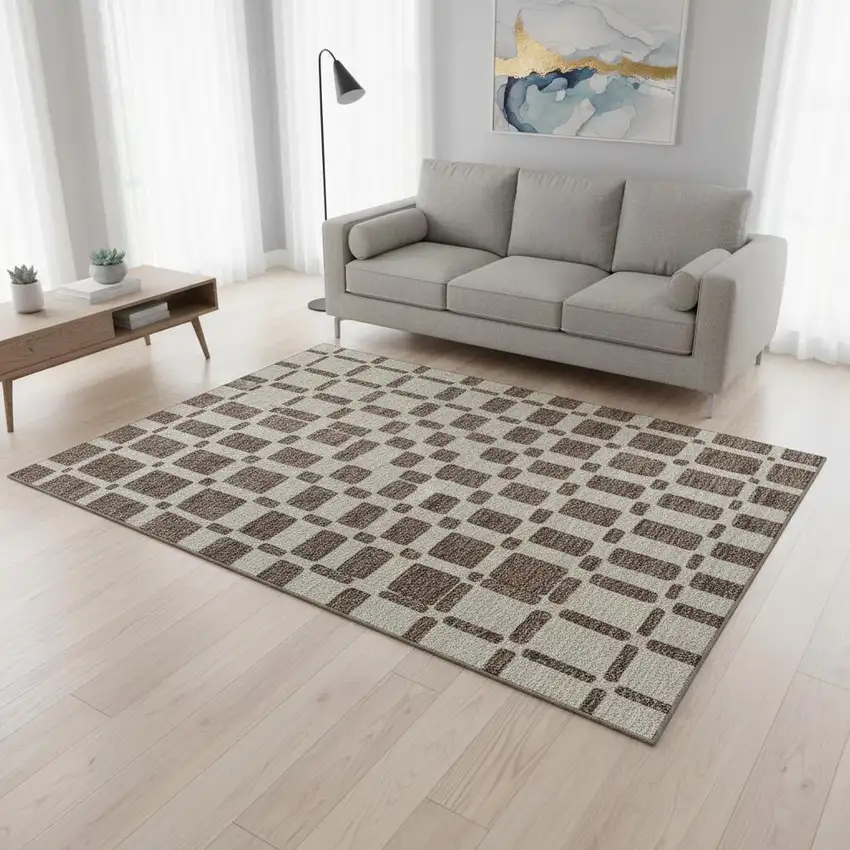 Brown And Ivory Geometric Washable Area Rug With UV Protection Photo 2