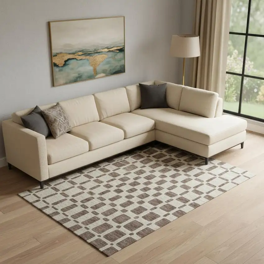 Brown And Ivory Geometric Washable Area Rug With UV Protection Photo 1