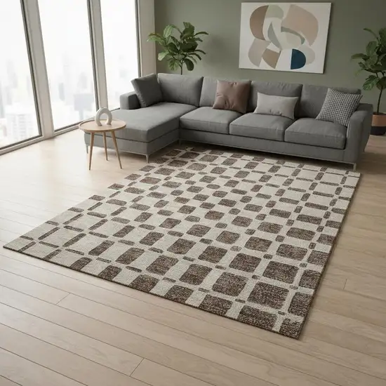 Brown And Ivory Geometric Washable Area Rug With UV Protection Photo 2